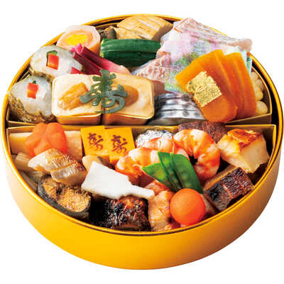 和風　一段　オリジナル日本酒（１８０ｍＬ×２本）、土佐酢（２９０ｍＬ×１本）、栗きんとん、ブランデー黒豆、数の子瓶詰各１本入（２～３人用）