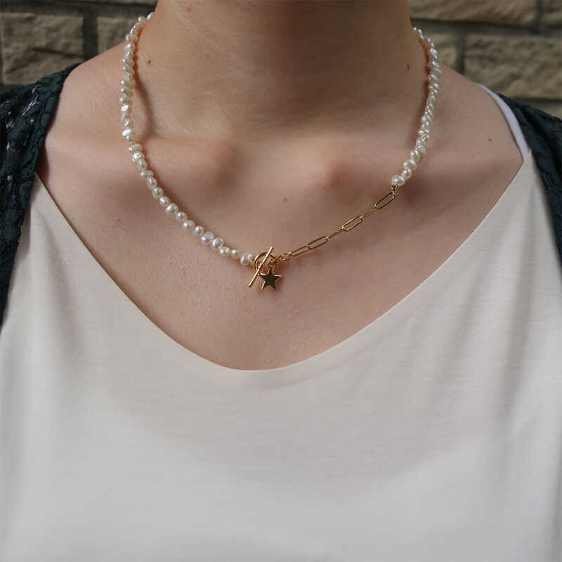 ＜大丸松坂屋＞ plus bon 淡水バロック真珠とチェーン、星モチーフのデザインネックレス