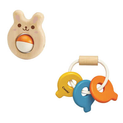 「おててにぴったりクルクルゆびあそび　うさちゃん」と「フリフリじゃらじゃらキーラトル」セット