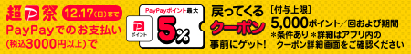 ＰａｙＰａｙでのお支払い（税込３０００円以上）でＰａｙＰａｙポイント最大５％戻ってくるクーポン事前にゲット！