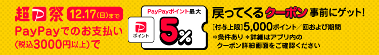 ＰａｙＰａｙでのお支払い（税込３０００円以上）でＰａｙＰａｙポイント最大５％戻ってくるクーポン事前にゲット！